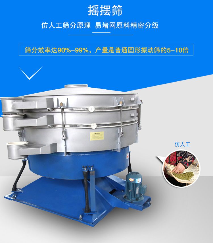 搖擺篩適合精細(xì)和超細(xì)范圍的粉末和微粒狀物料，產(chǎn)量大、精度高